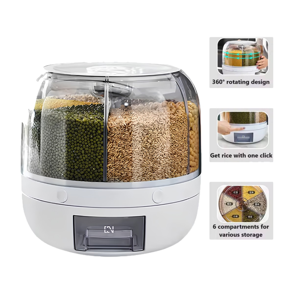 Dispensador giratorio de granos y cereales de 6 compartimentos