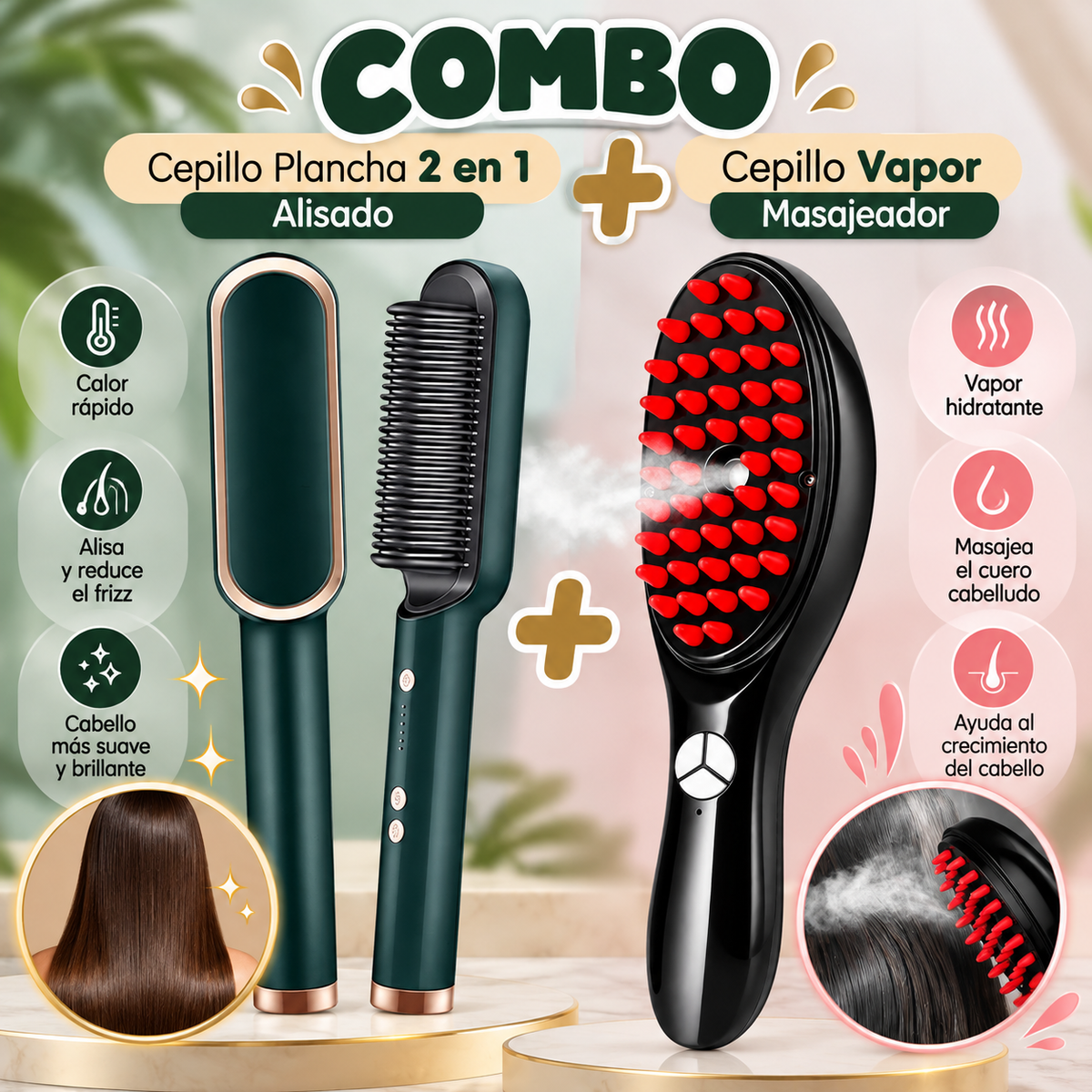 Combo cepillo alisador 2 en 1 y cepillo de vapor
