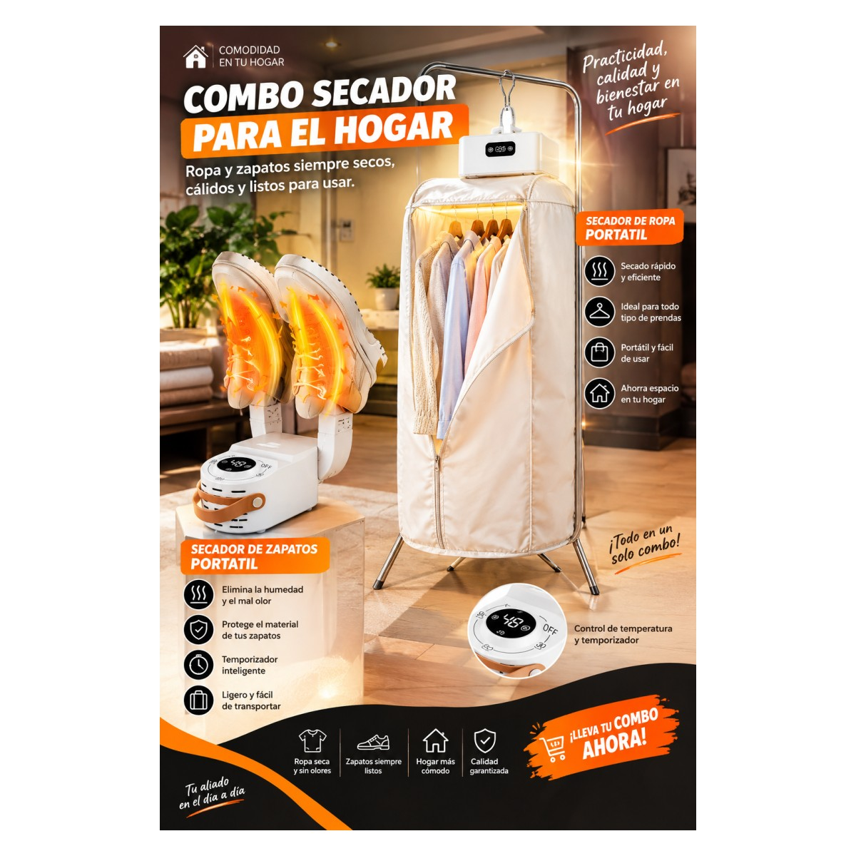 Combo secador de ropa y secador de zapatos portátiles