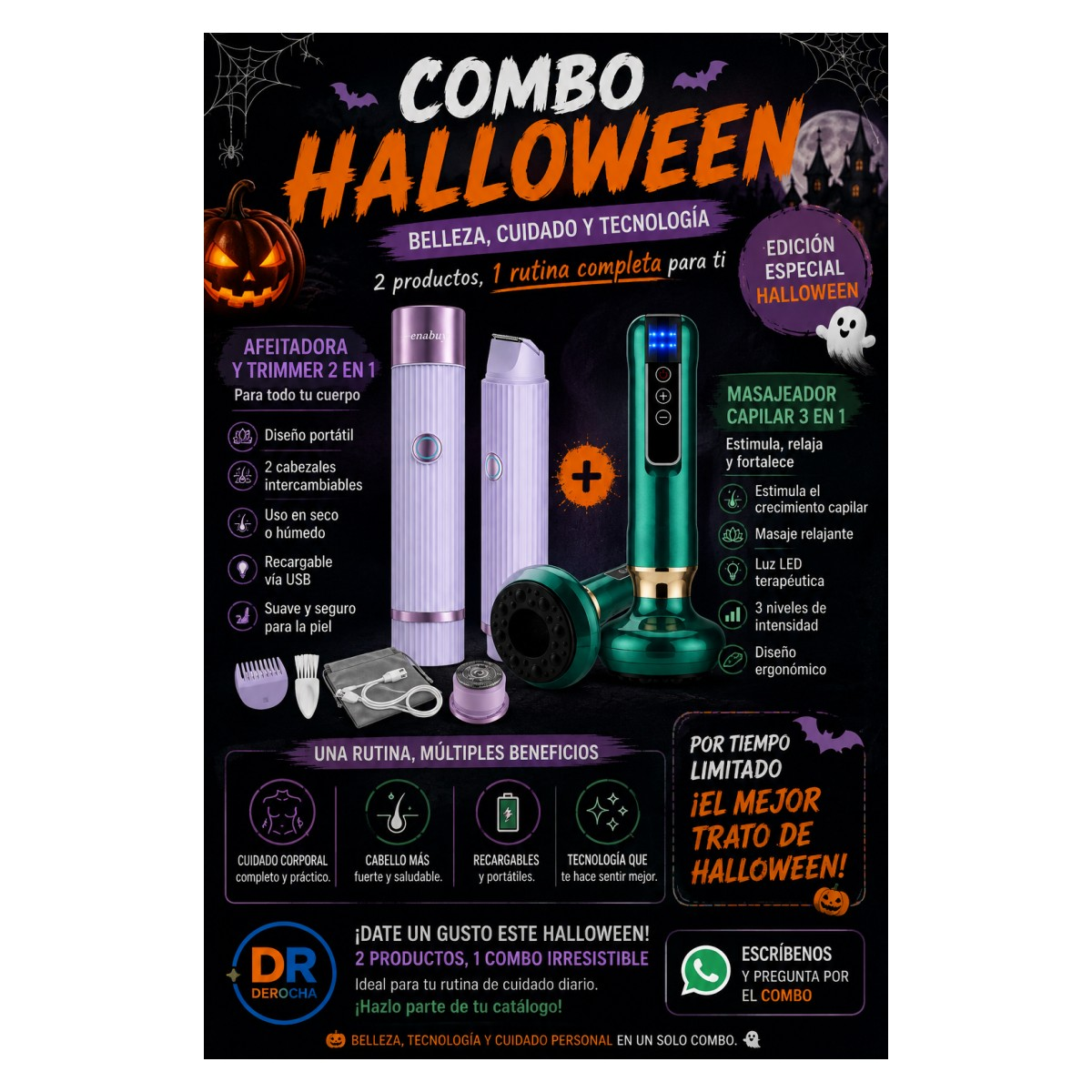 Combo Halloween: afeitadora 2 en 1 y masajeador capilar