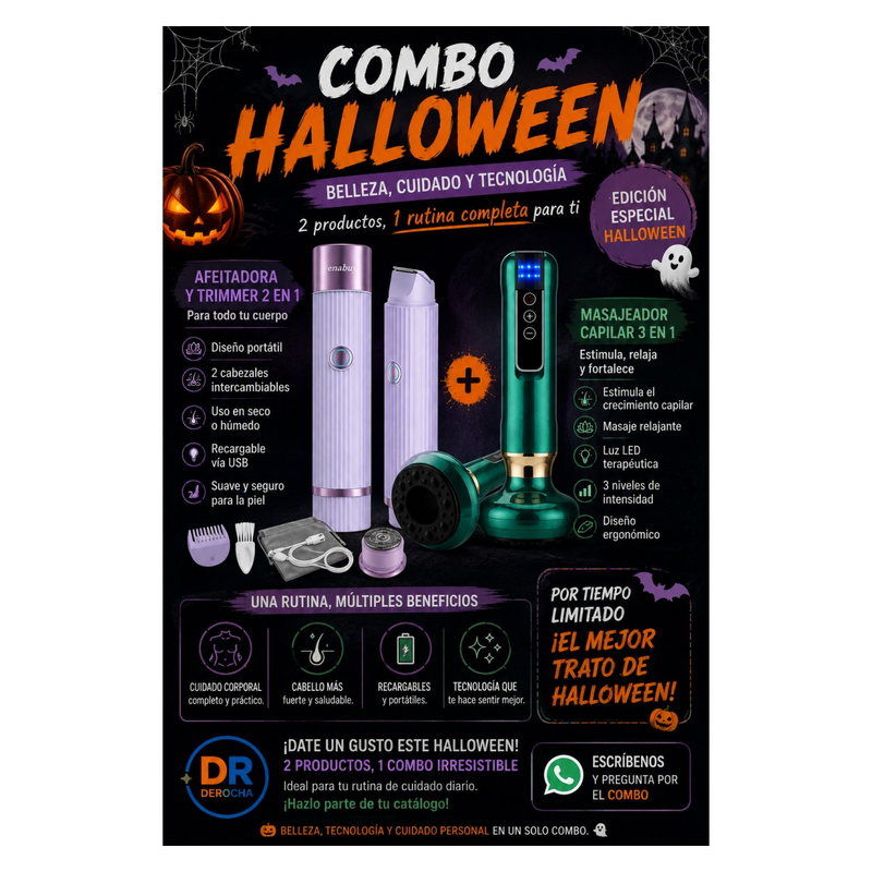 Combo Halloween: afeitadora 2 en 1 y masajeador capilar